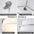 15.7" Modern Drum Chandelier Ceiling Light Fixture,3-Light Drum Pendant Light with White Fabric Shade,Adjustable Brushed Nickel Dining Room Chandelier for Kitchen Island Over Table Bedroom,E26