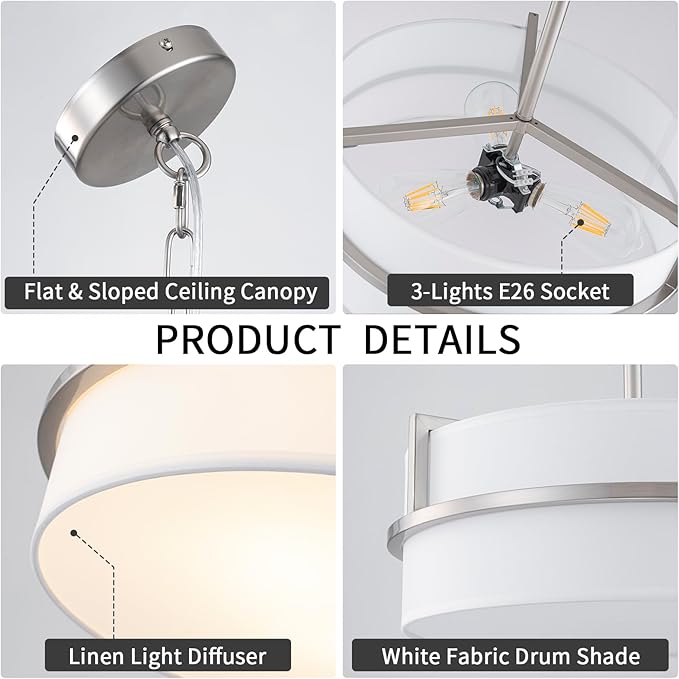 15.7" Modern Drum Chandelier Ceiling Light Fixture,3-Light Drum Pendant Light with White Fabric Shade,Adjustable Brushed Nickel Dining Room Chandelier for Kitchen Island Over Table Bedroom,E26