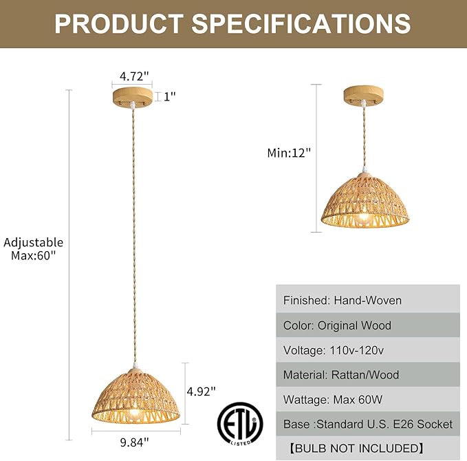 Farmhouse Wicker Pendant Light, 3-Light Boho Rattan Chandelier Light Fixture, Ceiling Hanging with Woven Lampshade, for Kitchen Bedroom Island Hallway, ETL Listed