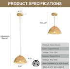 Farmhouse Wicker Pendant Light, 2-Light Boho Rattan Chandelier Light Fixture, Ceiling Hanging with Woven Lampshade, for Kitchen Bedroom Island Hallway, ETL Listed