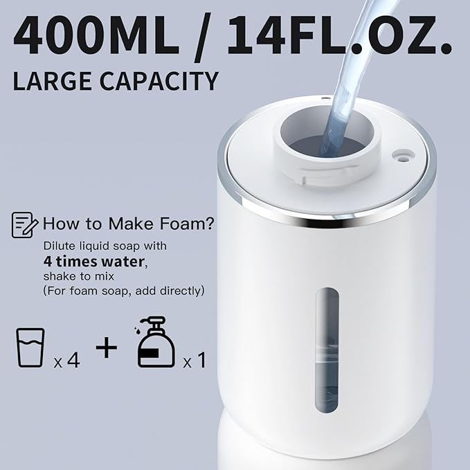 Automatic Foam Soap Dispenser 400ML, Rechargeable Liquid Hand Soap Dispensers Touchless with 4 Adjustable Levels, Motion Sensor Waterproof Wall Mount Foaming Soap Dispenser for Bathroom