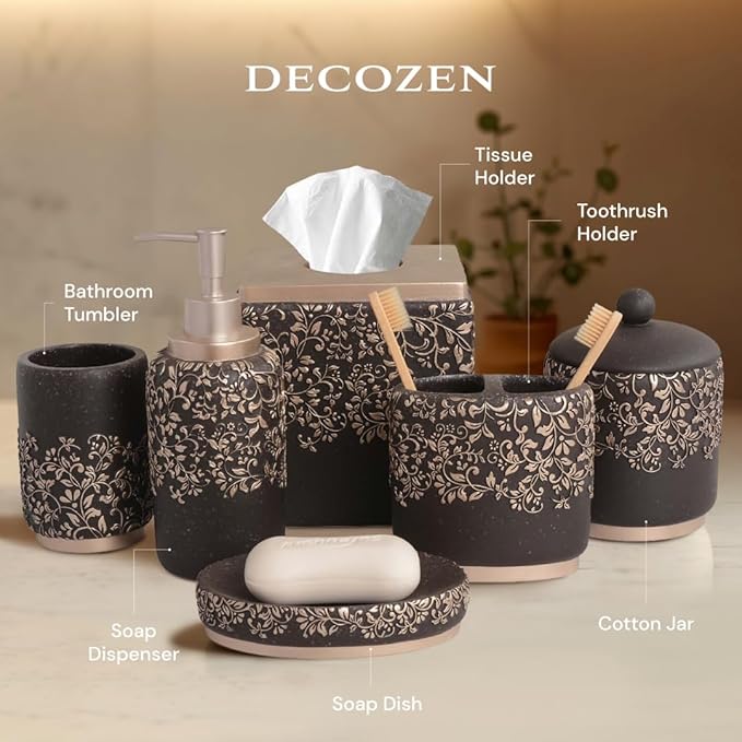 6-Piece Bathroom Accessories Set – Soap Dispenser, Toothbrush Holder, Tumbler, Soap Dish, Cotton Swab Jar & Toilet Brush – Modern Bathroom Decor Set (Stella)
