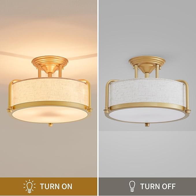 Modern Drum Ceiling Light, Semi-Flushmount Close to Ceiling Light Fixture for Living Room, Bedroom, Dining Room,Kitchen, D13 x 8 in, Linen Fabric Shade & Gold Finish Metal Frame