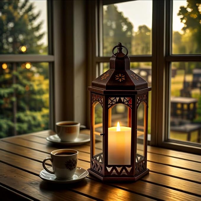 LED Hexagon Lantern with Flameless LED Candle, Unique Shape and Pattern to Give an Upscale Garden Party Vibe. Suitable for Home and Outdoor Usage or Wedding.Battery Powered (Black)