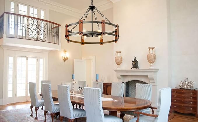 Farmhouse Wood Chandelier,23 Inch Black Modern Rustic Vintage Hanging Pendant Ceiling Light Fixture for Dining Room Bedroom Kitchen Island Hallway Foyer Entryway（6 Light