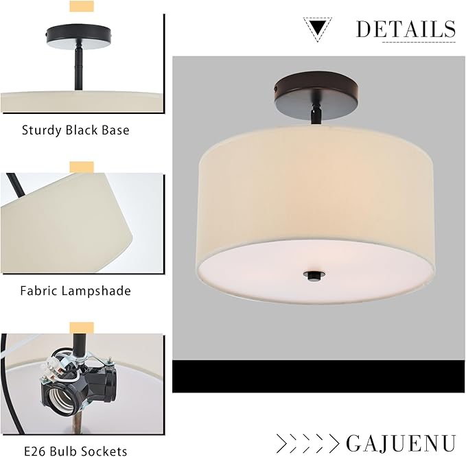 Semi Flush Mount Ceiling Light, 3-Light Black Modern Drum Ceiling Light Fixture with Linen Fabric Shade, Farmhouse Close to Ceiling Lamps for Bedroom Kitchen Living Room Hallway Entryway Closet