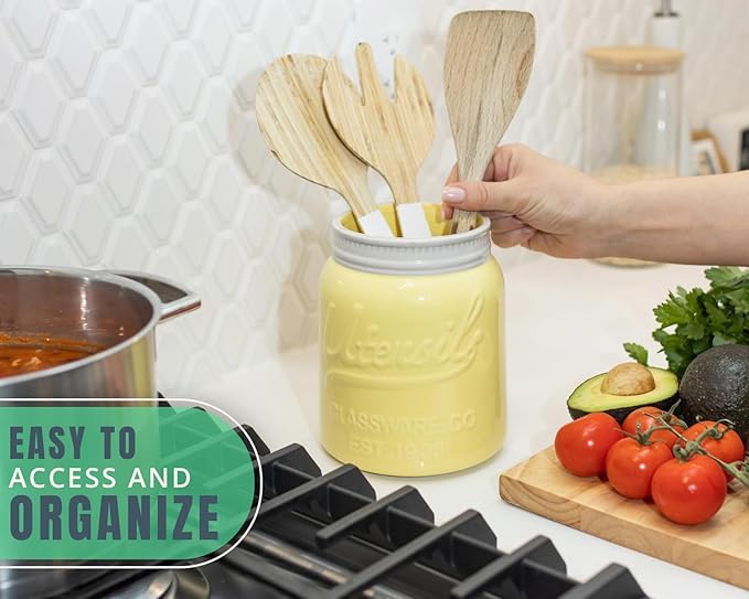 Comfify Wide Mouth Mason Jar Utensil Holder Decorative Kitchenware Organizer Crock, Dishwasher Safe - Kitchen Caddy Green, Large Size 7" High - Yellow