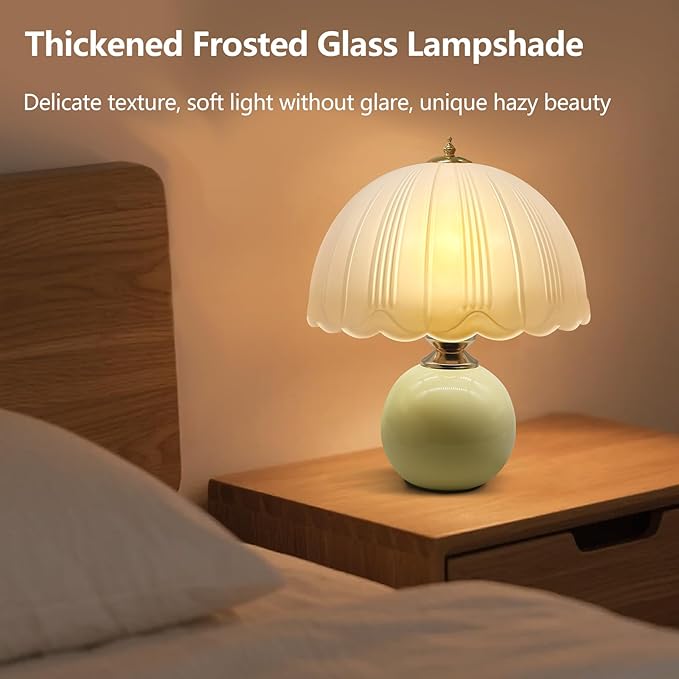 Mid Century Modern Table Lamp - Glass Mushroom Lamp with 3 Color Temps, 12" Vintage Bedside Lamp for Bedroom Living Room, Retro Desk Lamp with E26 Bulb