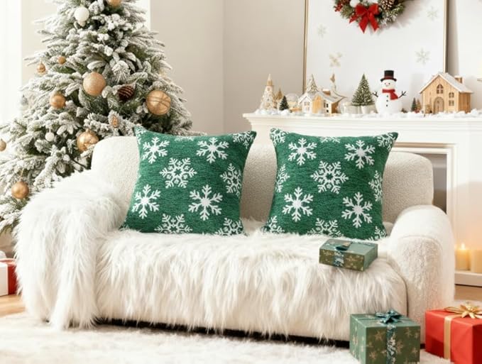 Soft Chenille Christmas Pillow Covers 20x20 Set of 2, Reversible Snowflake & Tree Pattern, Thick & Cozy Farmhouse Holiday Decor Cushion Cases with Hidden Zipper for Sofa Couch Bed(Green,20x20)