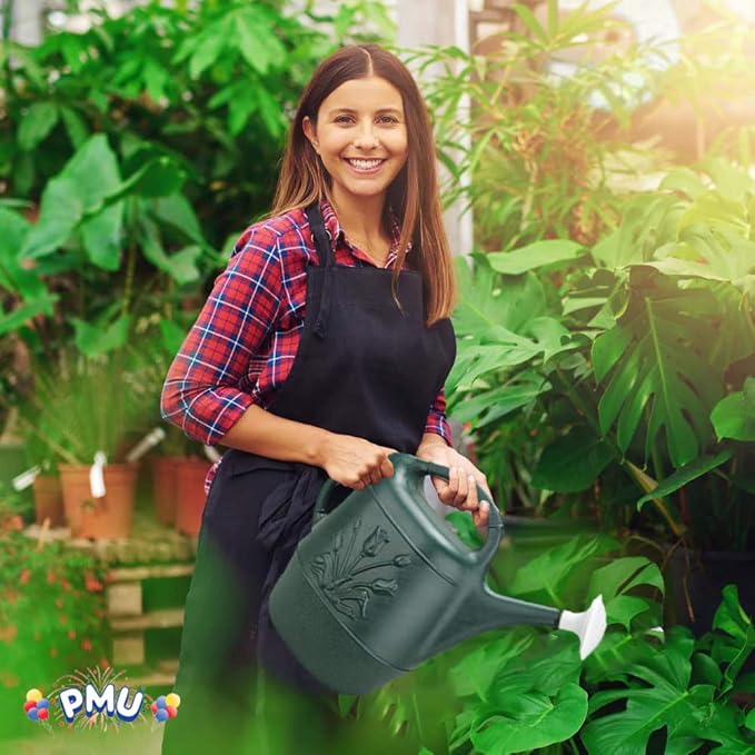 PMU 2 Gallon Watering Can - Garden Watering Can for Indoor & Outdoor Plants - Plastic Water Can with Detachable Sprinkler Head - Large Water Pot, Made in USA - Hunter Green Pkg/3
