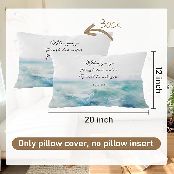 Beach Bible Throw Pillow Cover 12x20 - Christian Bible Verse Watercolor Pillow Cover, Ocean Themed Bedroom Decor, Beachy for Sofa Couch