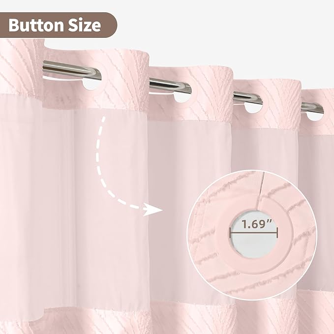 no Hook Shower Curtain and Liner Set，Boho Style with See Through Top Window, Pink Fabric Tufted Striped Textured Outer Curtain & Waterproof Inner Liner, Pink, 71Wx77H