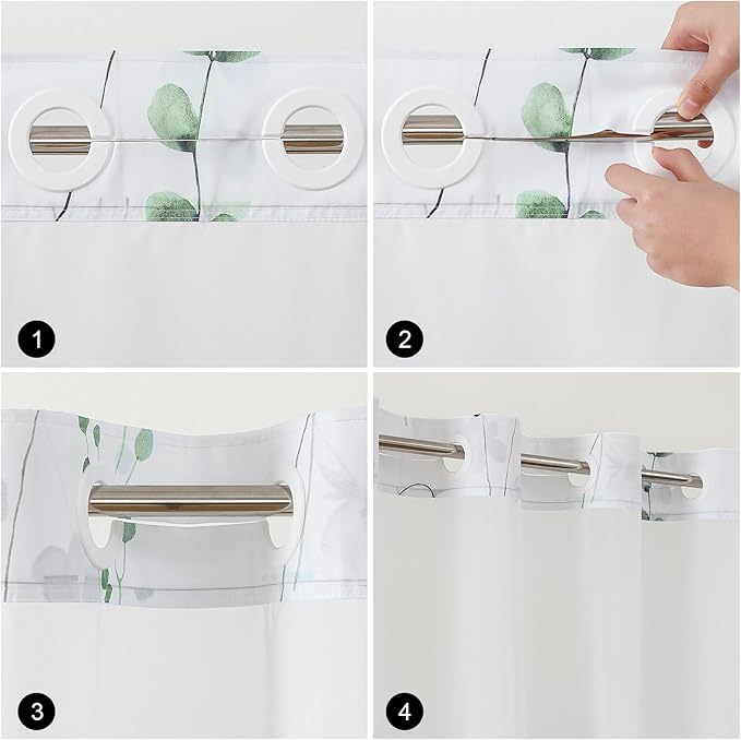 QiyI Stall Floral Shower Curtain with Snap in Liner, Sage Green and Pink Watercolor Cloth Bath Curtains, No Hook Shower Curtains with Mesh Window, Fabric Waterproof Bathroom Curtain Set, 36 x 75 Inch