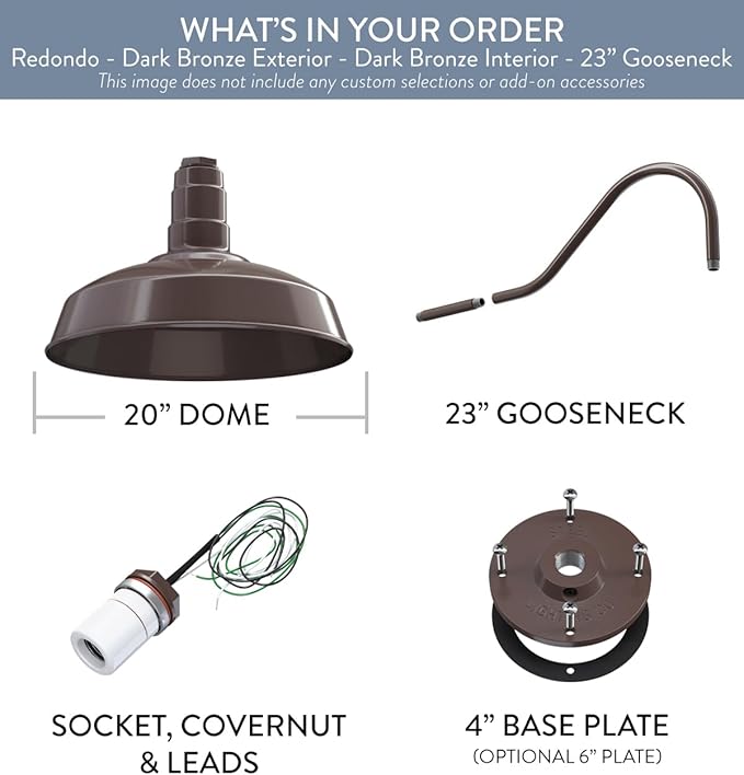 Steel Lighting Co. Redondo Barn Light | Outdoor Wall Mounted | 20 inch Dome | 23 inch Gooseneck | Large Farmhouse Warehouse Light Made in America | Dark Bronze Exterior/Dark Bronze Interior