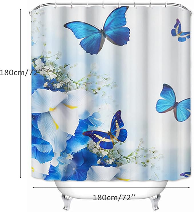 Shower Curtain, Fabric Shower Curtain Liner Butterfly Blue Shower Stall Curtain with 12 Hooks for Home Hotel Shower Curtains for Bathroom Waterproof Shower Curtain (72" X 72")