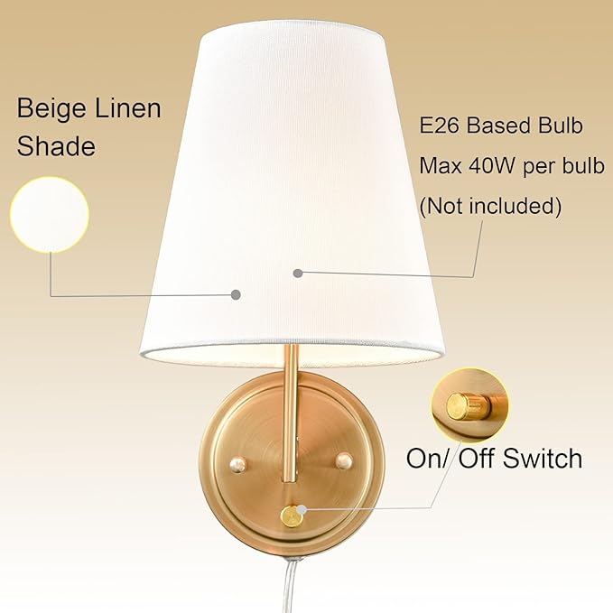 Bedroom Bedside Wall Lamps Set of 2 Gold Brass Plug in Wall Sconce Fabric Shade for Living Room