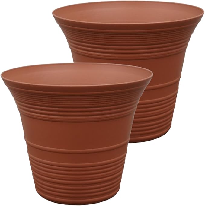 The HC Companies Sedona Round Self-Watering Pot - Lightweight Self Care Planter - Plastic Planter for Herbs & More - Durable Plant Pots for Indoor Plants & Outdoor Plants (12" Clay, Pack of 2)