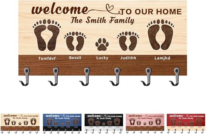 Welcome to Our Home Personalized Family Key Holder Custom Name Wall Mounted Key Hanger for Entryway Hallway Home Decor Organizer Hanger Birthday Wedding Housewarming Gifts for Family Couple