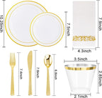 WELLIFE 700 Pieces Gold Plastic Dinnerware Set for 100 Guests - Includes Plates, Cups, Napkins, and Disposable Cutlery - Elegant White & Gold Design, Perfect for Parties and Events