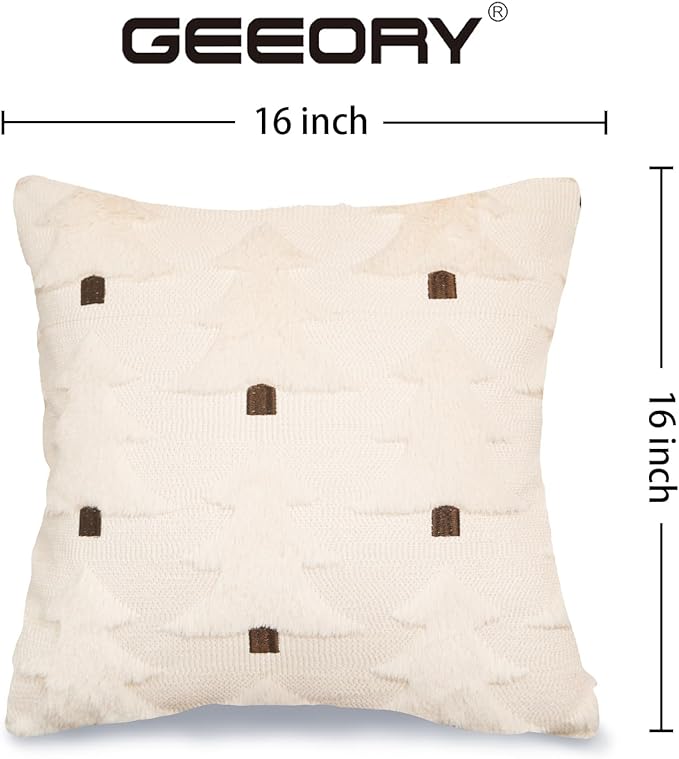 GEEORY Christmas Pillow Covers 16x16 Inch Set of 2, Christmas Decorations Xmas Tree Soft Plush Fluffy Faux Fur Decorative Throw Pillows Farmhouse Winter Cushion Case Beige Brown GC034-16
