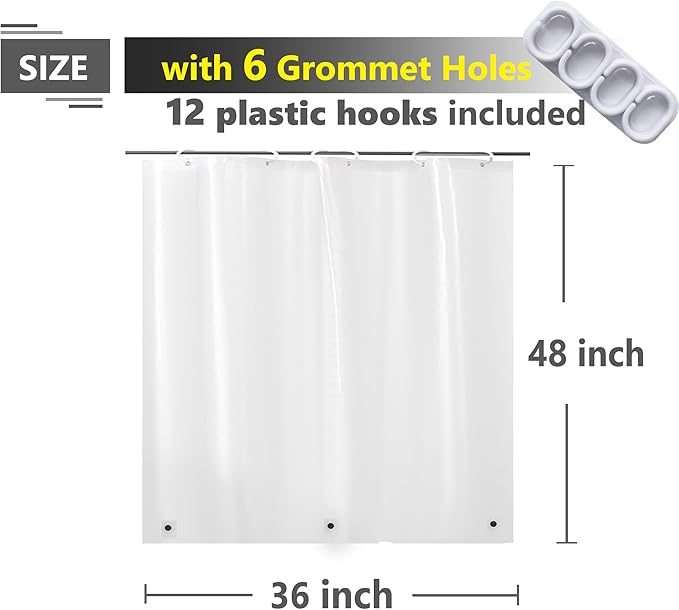 Waterproof Shower Curtain for Window Inside Shower, 36 x 48 Inches Short Plastic Bathroom Window Curtain Heavy Duty Vinyl with Hooks, Silky Frost, 36x48