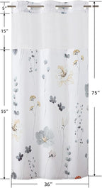 QiyI Stall Flower Shower Curtain with Snap in Liner, Grey Watercolor Floral Cloth Bath Curtains, No Hook Shower Curtains with Mesh Top Window, Fabric Waterproof Bathroom Curtain Set, 36 x 75 Inch