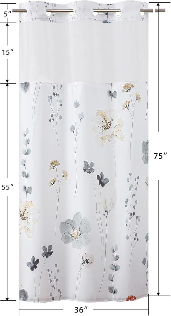 QiyI Stall Flower Shower Curtain with Snap in Liner, Grey Watercolor Floral Cloth Bath Curtains, No Hook Shower Curtains with Mesh Top Window, Fabric Waterproof Bathroom Curtain Set, 36 x 75 Inch