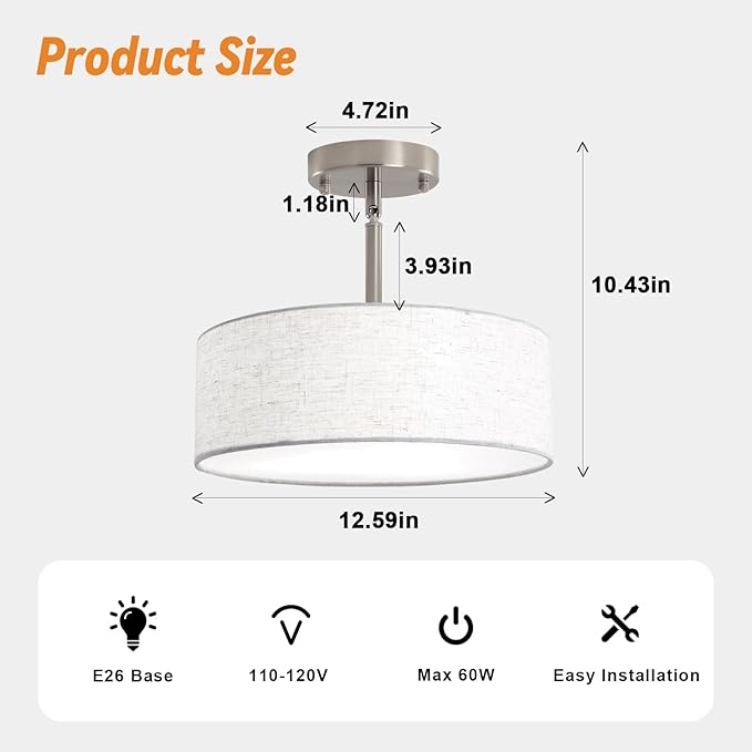 ALISADABOY Brushed Nickel Chandelier Modern Chandeliers Contemporary 3 Light 12.59'' Inch Semi Flush Mount Ceiling Light, with Lampshade, Drum Fixture, for Bedroom, Entryway, Kitchen, Closet, Laundry