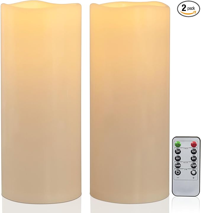 12" x 5" Waterproof Extra Large Outdoor Flameless Candles Battery Operated LED Flickering Pillar Candles with Remote for Indoor Outdoor Lanterns, Long Lasting, Ivory White Large, Set of 2
