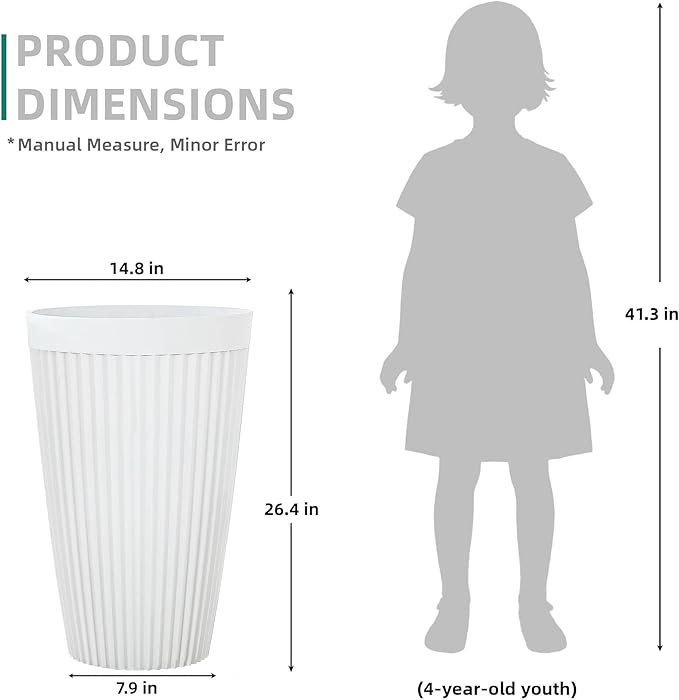 20" Resin Tall Planters for Outdoor Plants,Set of 2 Matt White Large Flower Pots with Handmade Fluted Texture,Heavy-Duty and Resistant for Year Round Indoor, Ideal for Christams Decoratione