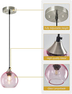 Pink Glass Pendant Lights Kitchen Island Globe Pendant Light Fixtures Modern Pendant Lighting for Bedroom Living Dining Room Light Fixture (5.9 in, 1 Pack)