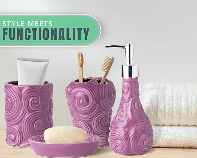 Comfify Designer 4 Piece Bathroom Accessories Set - with Soap or Lotion Dispenser, Toothbrush Holder, Tumbler and Soap Dish - Glossy Finish - Purple