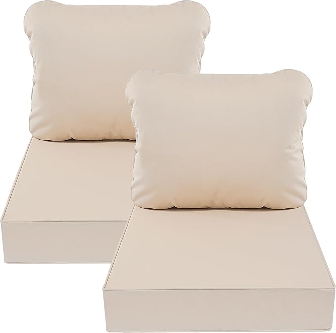 AAAAAcessories Outdoor Deep Seat Cushions, Waterproof, Fade-Resistant Patio Furniture Replacement Cushions, 24" x 24" x 5", Set of 2, Khaki Beige