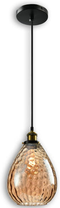 Modern Glass Pendant Light, 8"x9.6" Amber Ribbed Hanging Light Fixture with Gold Cap, 15"-72" Adjustable Cord, E26 Socket for Kitchen or Entryway – Sunrise Glow Teardrop