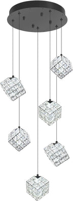 6-Lights Crystal Chandeliers for Staircases Modern Black Chandeliers for High Ceilings Crystal Pendant Light Fixture for Living Room Kitchen Island Foyer Hallway Bar