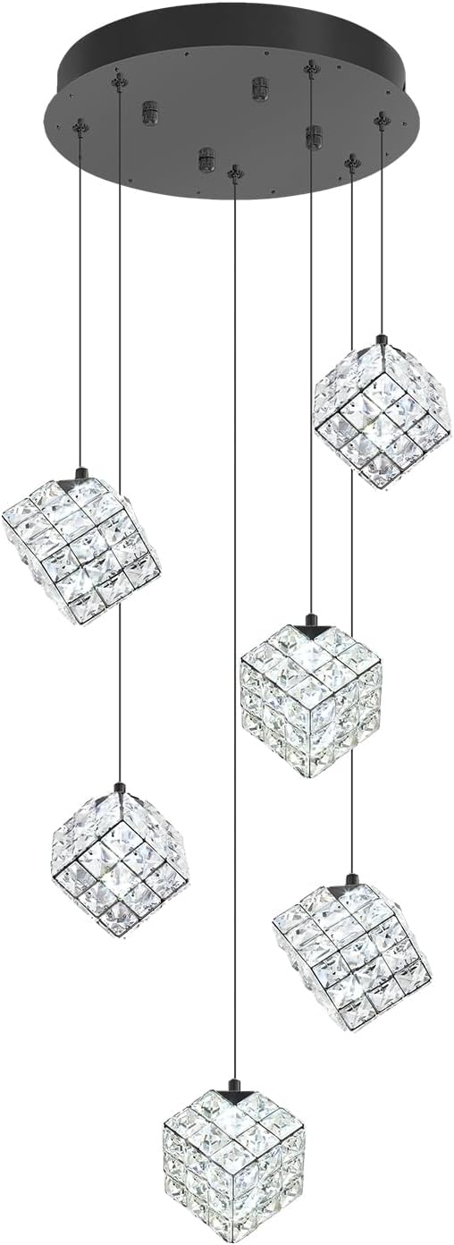 6-Lights Crystal Chandeliers for Staircases Modern Black Chandeliers for High Ceilings Crystal Pendant Light Fixture for Living Room Kitchen Island Foyer Hallway Bar