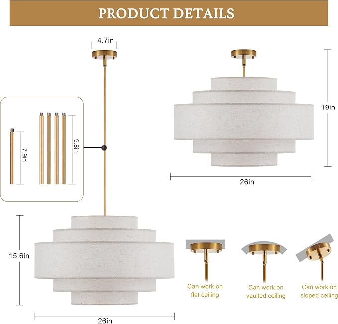 Modern 26" Large Drum Chandelier 6-Lights Vintage Modern Chandelier Light Fixture with Linen Shade Retro Farmhouse Drum Chandeliers for Dining Room, Kitchen Island, Living Room, Bedroom