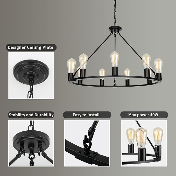 9-Lights Farmhouse Chandelier | Dia 32'' Black Wagon Wheel Chandelier | Rustic Hanging Dining Room Light Fixture | Apply to Living Room | Kitchen Island | Entryway | Foyer
