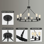 9-Lights Farmhouse Chandelier | Dia 32'' Black Wagon Wheel Chandelier | Rustic Hanging Dining Room Light Fixture | Apply to Living Room | Kitchen Island | Entryway | Foyer