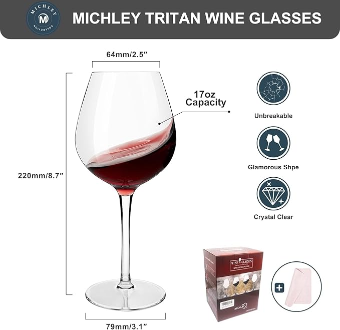 MICHLEY Unbreakable Red Wine Glasses 17 oz, Tritan Plastic Reusable Stemware for Indoor and Outdoor Use, Set of 6