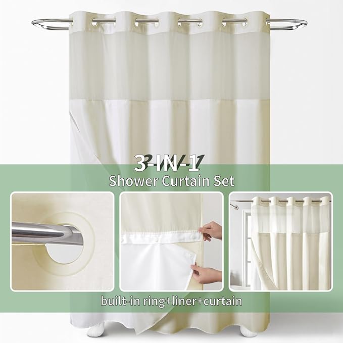 Extra Long No Hook Shower Curtain with Snap-in Fabric Liner Set,Slub Textured Fabric Shower Curtains for Bathroom,Hotel Style Modern Shower Curtain,Water Repellent & Washable,71x86(84),Cream