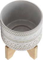 Sagebrook Home Ceramic Planter with Stand - Decorative Stoneware Plant Pot with Bamboo Wood Base - Boho Style Indoor & Outdoor Garden Decor for Home & Office - 8" Ivory & Tan