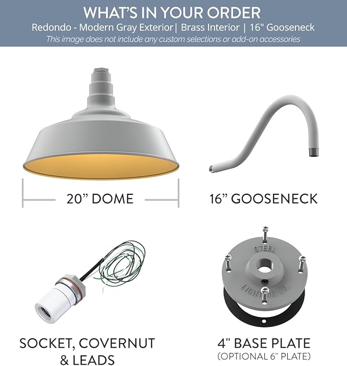 Steel Lighting Co. Redondo Barn Light | Outdoor Wall Mounted | 20 inch Dome | 16" Gooseneck | Large Farmhouse Warehouse Light Made in America | Modern Gray Exterior/Brass Interior