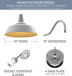 Steel Lighting Co. Redondo Barn Light | Outdoor Wall Mounted | 20 inch Dome | 16" Gooseneck | Large Farmhouse Warehouse Light Made in America | Modern Gray Exterior/Brass Interior