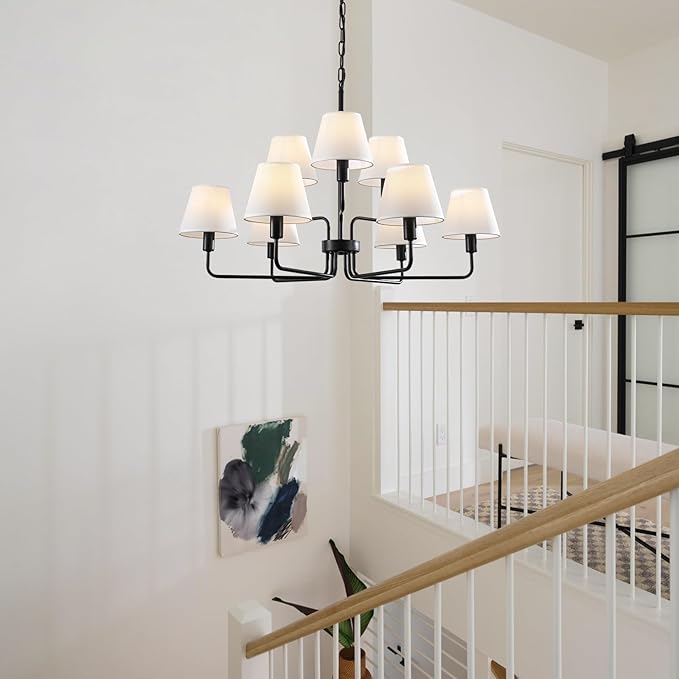 Black Chandeliers for Dining Room with White Fabric Shades,33”Light Fixture Chandelier,9-Lights foyer chandeliers for high ceilings,2 Tiered Lantern Farmhouse Pendant Light for Living Room,Entryway