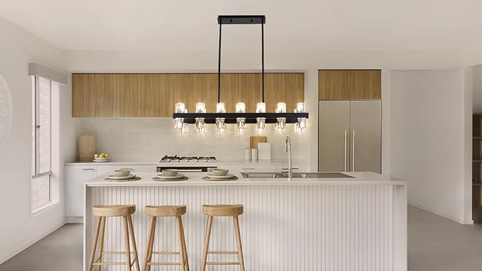 Black Linear Chandelier, 39 Inch 28-Lights Modern Kitchen Island Dining Room Over Table Light Fixture, Industrial Farmhouse Large Pendant Lighting with Crystal Shade