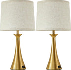 Touch Table Lamp for Living Room Bedroom, 21" Table Lamps Set of 2 with USB C+A Ports, Touch Bedside Lamps for Nightstand with 3 Way Dimmable, 2 LED Bulbs Included, Gold