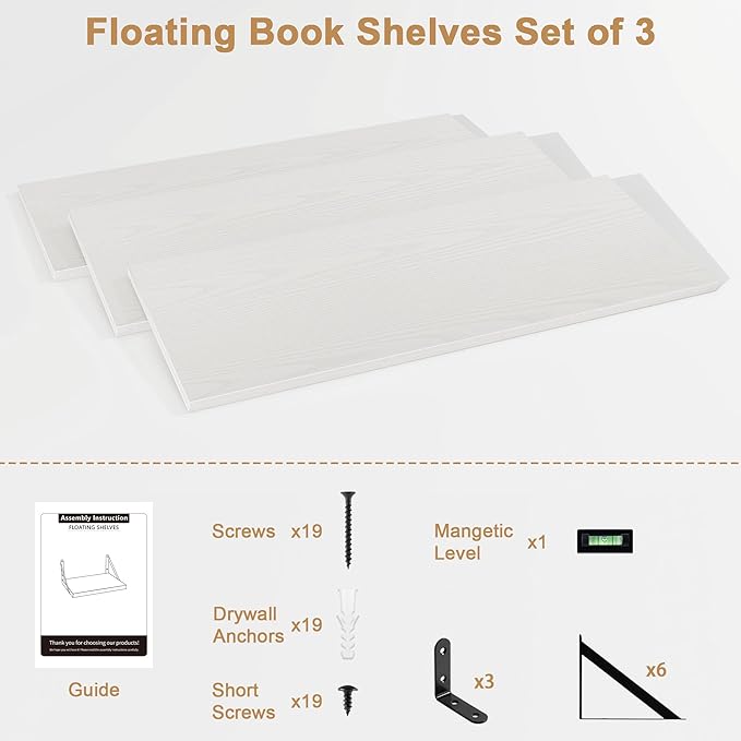 Fun Memories Floating Shelves for Wall, 36 Inches Long Set of 3 Wall Shelves for Bedroom, Floating Bookshelves with Metal Brackets for Living Room, Kitchen, Bedroom and Laundry Room (White)