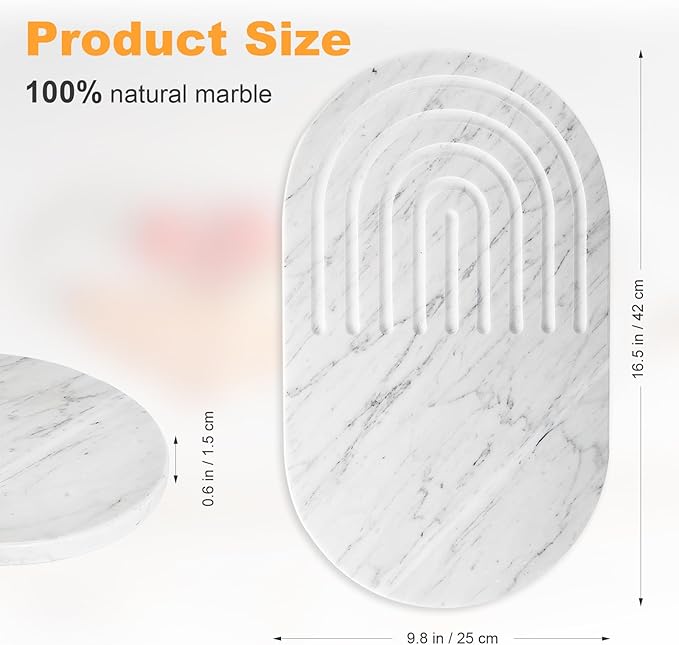 16.5"x9.8" Dual-Sided White Marble Cutting Board for Kitchen - Oval Stone Chopping Board with Anti-Slip Silicone Feet