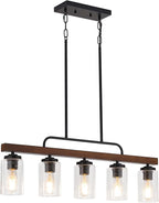 Farmhouse Chandelier 5-Light Dining Room Light Fixture Over Table Kitchen Island Lighting Rustic Chandeliers for Dining Light with Seeded Glass Shade Wood Pendant Lights Kitchen Island